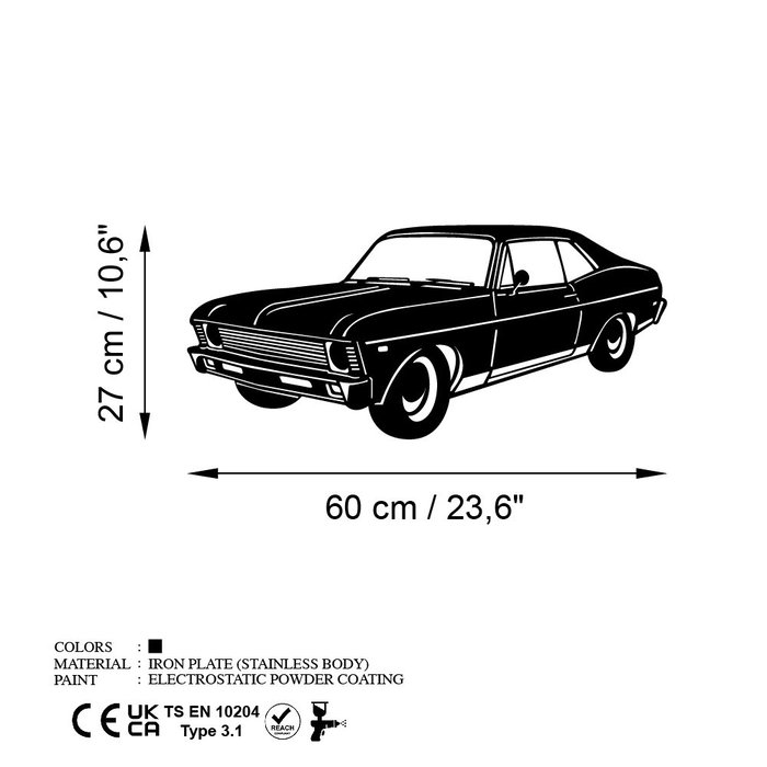 Wallity Chevrolet Nova 1972 Classic Sedan Escultura de pared de metal Negro
